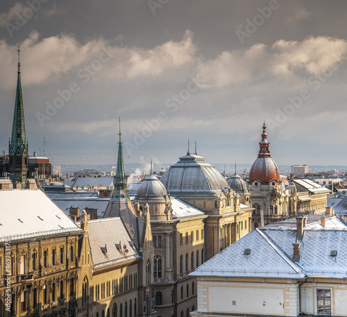 Rooftops in the old town of Budapest in winter