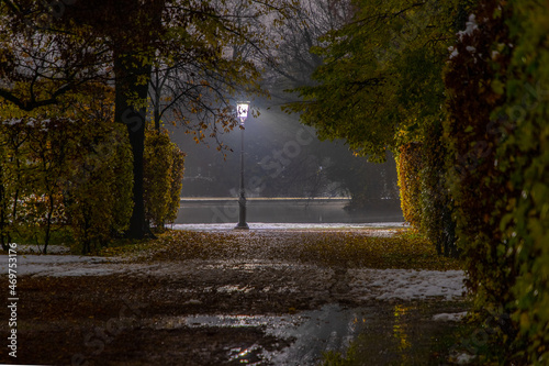 Street lamp with illumination in the ducal park of Parma at night between the hedges and the melting snow.  Parco Ducale - Parma