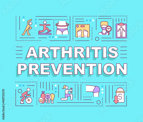 Arthritis prevention word concepts banner. Active and healthy lifestyle. Infographics with linear icons on blue background. Isolated creative typography. Vector outline color illustration with text