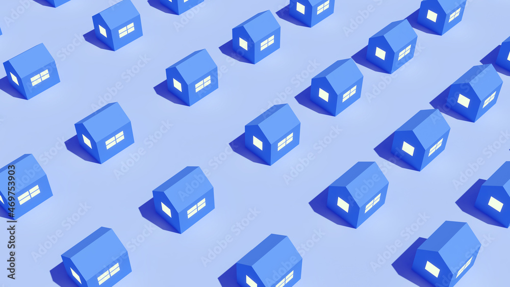 repeating pattern of an house on a blue background,3D rendering repeating pattern of an house on a blue background,3D rendering