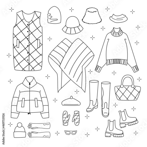 Big set Linear trendy Winter Clothes. Down vest, Panama hat, mittens, glasses, boots, down jacket, kimono, chelsea, bag, beret. Modern Line At Clothing for spring and autumn. Vector doodle.