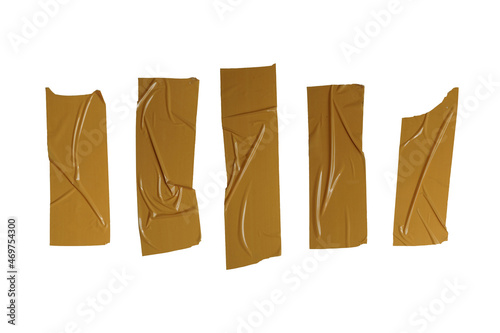 set of crumpled plastic tape collections in brown. adhesive sticky sellotape pieces on white background. torn glued sticker tape for decorative elements.