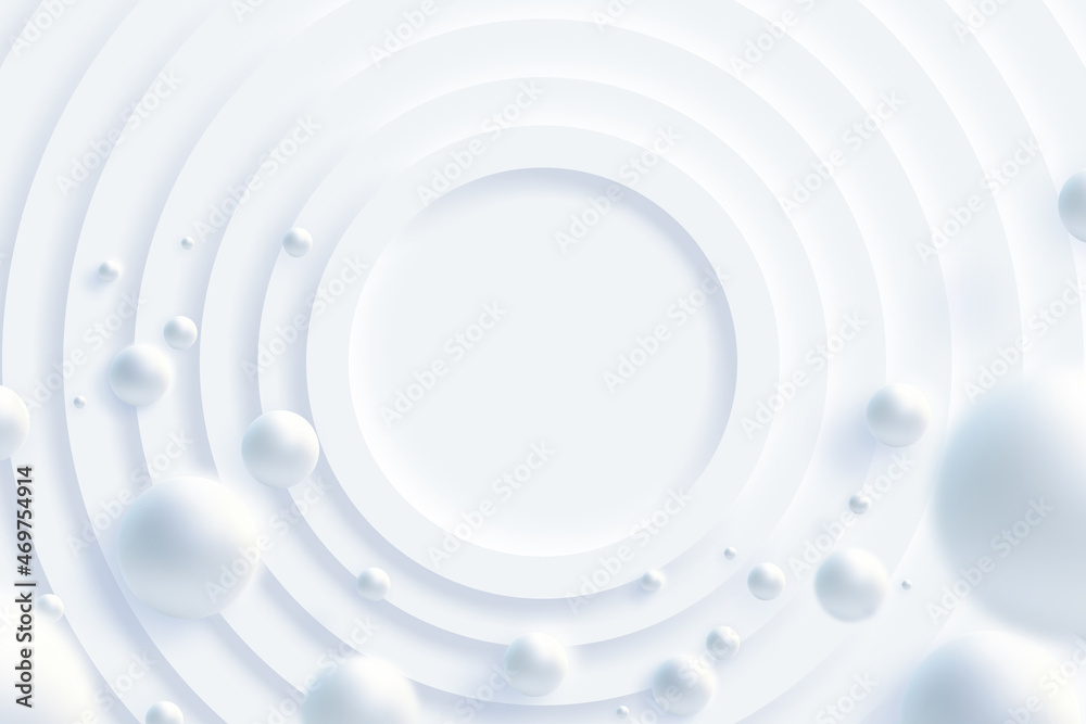 Obraz premium Top view of simple empty white circle podium stage background. Futuristic technology design. Abstract parametric interior. Blank opened 3D illustration mock-up. White building pale geometric pattern.