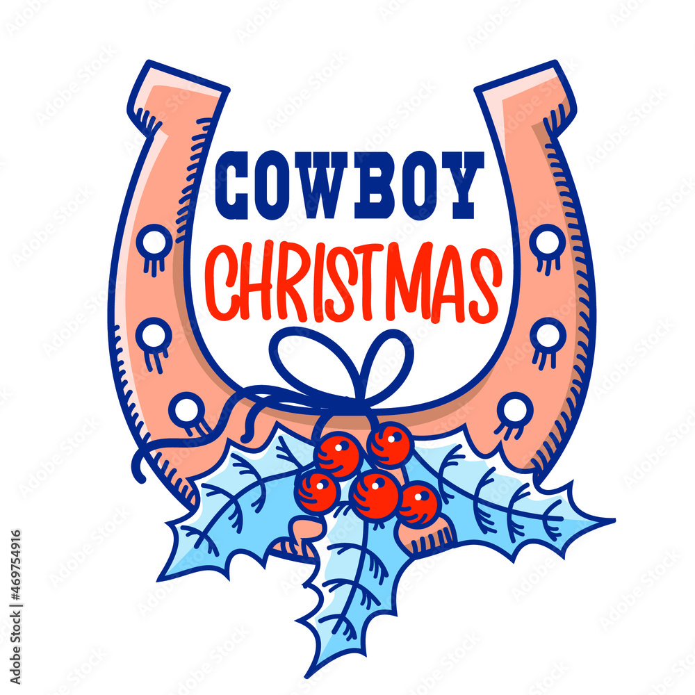 Obraz premium Cowboy Merry Christmas symbol with lucky horseshoe and holly berry. Vector Country christmas with text isolated on white 