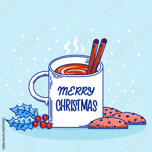 Christmas cup of Whipped coffee milk and sweet chocolate chip cookies. Vector winter Chriistmas card with red holly berry on blue snow background for text photo