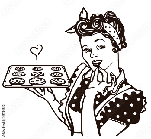 Retro smiling housewife cooking chocolate chip cookies in hands. Pin up vector color graphic illustration woman in the kitchen isolated on white