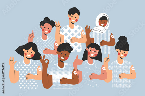Diverse children after getting vaccine with gesturing Thumbs Up Ok and Hello. Kids showing arm bandage to protect COVID spread on blue background. Flat vector cartoon illustration. Child immunization