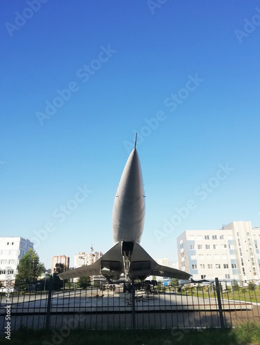 Kazan, Russia - 13 July 2021: Supersonic aircraft Tu-144. Aircraft monument in the public garden of the Kazan Aviation Institute
