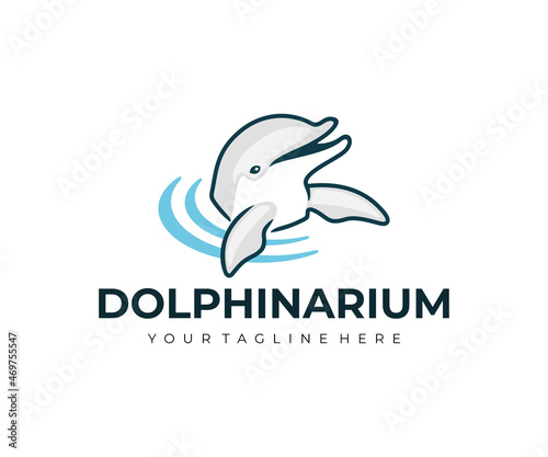 Fotografija Dolphinarium, dolphin in water and waving its fins, logo design