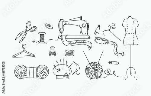 Sewing supplies drawings in doodle style. . Handmade set. Vector icons - sewing machine, 
 mannequin , thread, scissors, needles. Sewing tools. Isolated background.