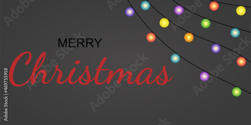 Merry Christmas banner. Lettering and garland on a gray background. Vector illustration.