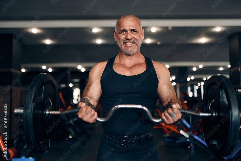  Front view of older bodybuilder doing exercises with barbell at biceps in gym. Bodybuilding concept