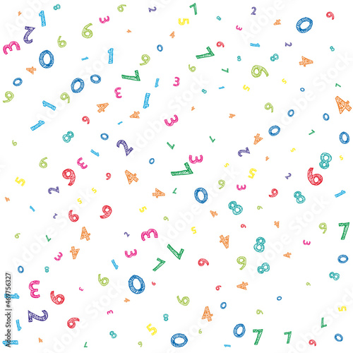 Falling colorful messy numbers. Math study concept with flying digits. Magnetic back to school mathematics banner on white background. Falling numbers vector illustration.