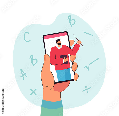Hand holding smartphone with male teacher on screen. Online class or virtual lesson flat vector illustration. Online education, technology concept for banner, website design or landing web page
