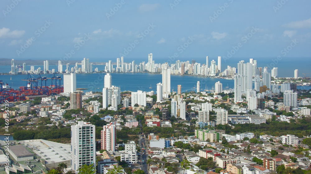 Panoramic view of new city with tall buildings in Cartagena in Colombia