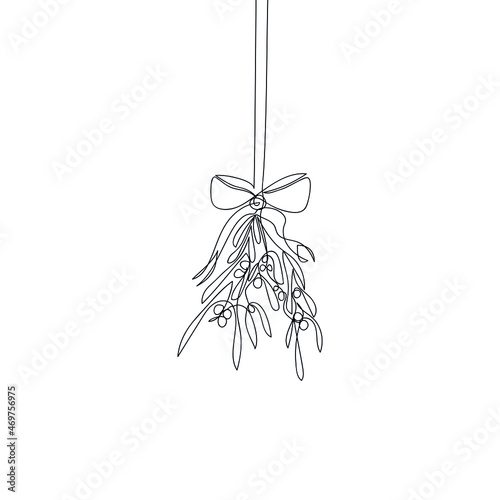 Hanging a bunch of mistletoe branches tied with a ribbon drawn by one line. Floral sketch. Continuous line drawing Christmas decoration. Minimalist art. Holiday vector illustration.