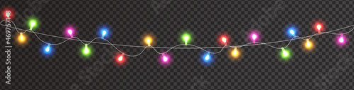 Christmas color lights on long background. Garland lights decoration. Led neon lamp. Glow colored bulb. Bright decoration for xmas cards, web banner, posters. Vector illustration