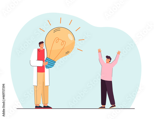 Doctor giving huge lightbulb to happy boy. Medical professional giving idea or recommendation to child flat vector illustration. Medicine, health concept for banner, website design or landing web pag