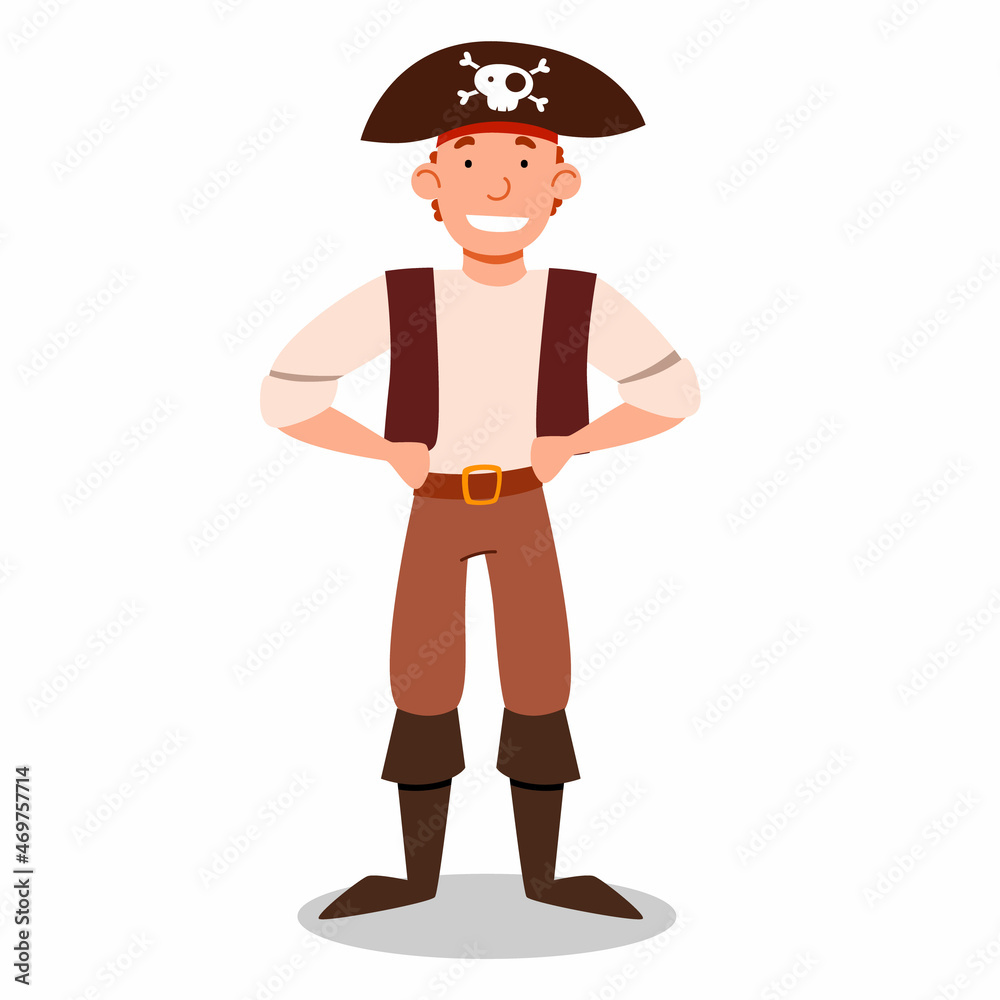 pirate character in a suit, hat, hands on the waist. vector illustration of a pirate sailor isolated on a white background