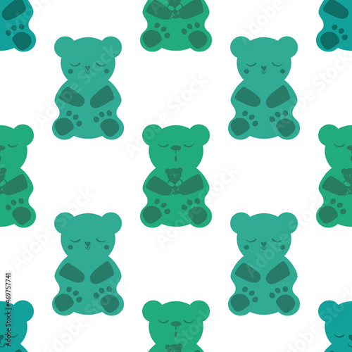 Sleep gummies vector seamless pattern background. Backdrop with gummy bears in blue, green white. Cute kawaii style characters for sleeping well, melatonin natural aid and health concept. For wellness