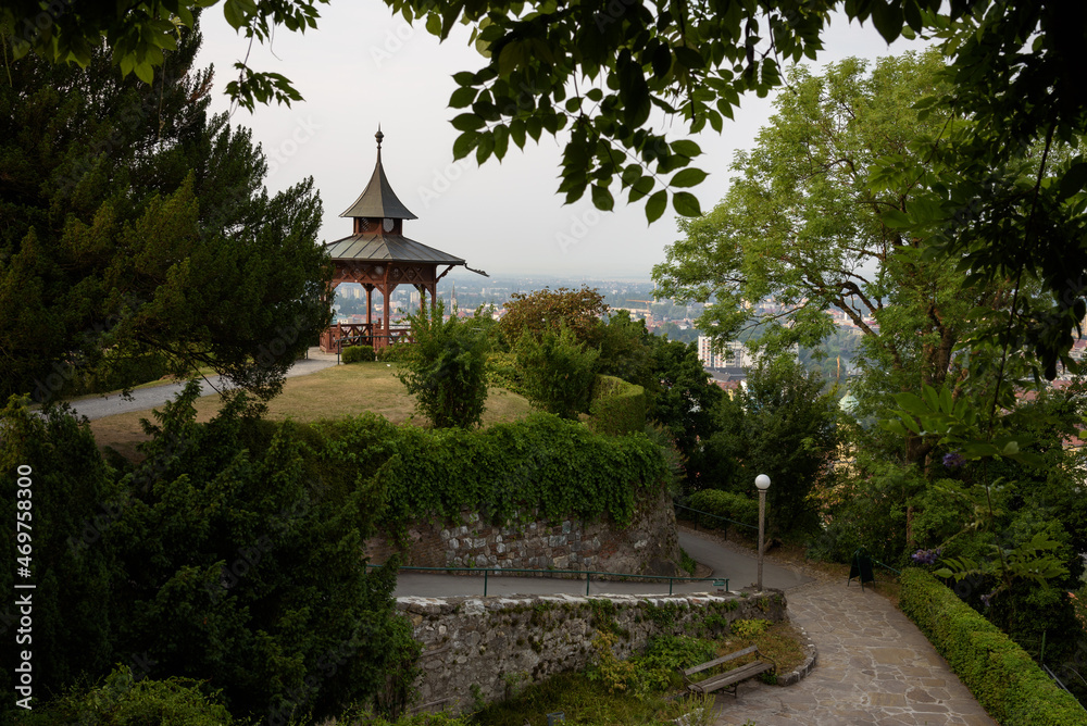 Fototapeta premium Viewpoint on Schlossberg Park hill in a summer morning, Graz, Styria, Austria