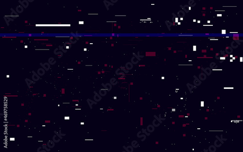 Glitch dark texture. Digital video noise. Distorted overlay effect with random pixels. Error video signal with white shapes. Data distortion design. Vector illustration