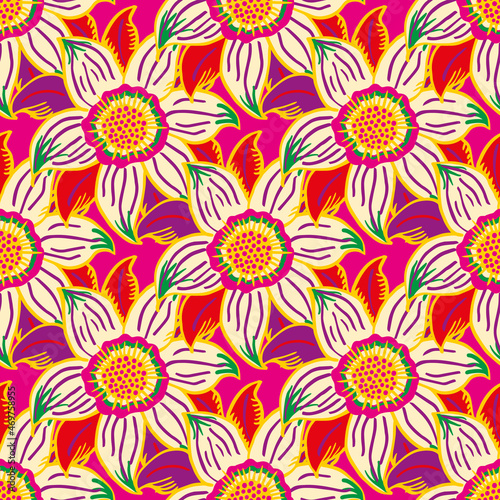Tropical six petal flower vector seamless pattern. Bright green orange  red  purple background with hand drawn flowers and leaves. Overlapping jungle plant motifs. Textural repeat for summer  vacation