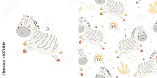 Vector seamless childish pattern with cute baby zebra  character and rainbow.Scandinavian texture for fabric, nursery, baby shower, textile, wallpaper, wrapping paper. Kids tropical animals hand drawn
