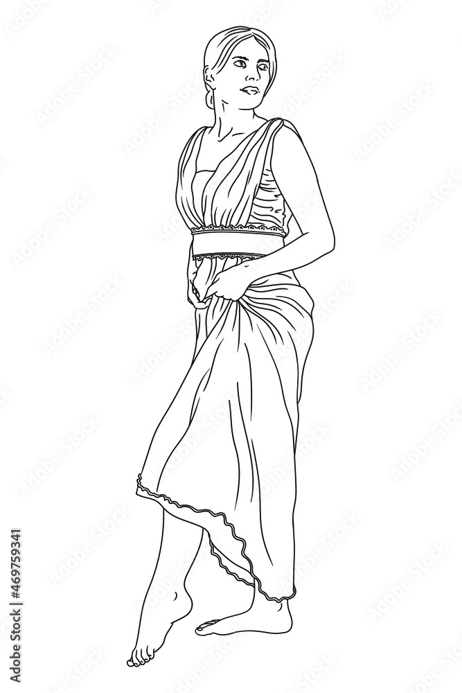 A young beautiful slender girl is standing and trying on a dress. Vector illustration isolated on white background.