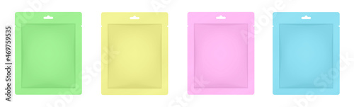 Green, yellow, pink and blue sachet or pouch. Vector bags mockup, wet wipes paper or foil packs. Cosmetics samples. Moisturizing sheet face mask. Realistic 3d mock up set