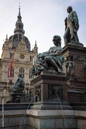 Main square of Graz with the Fountain of Archduke Erzherzog-Johann-Brunnen and the Renaissance-style Town Hall in the background, Styria, Austria © JMDuran Photography