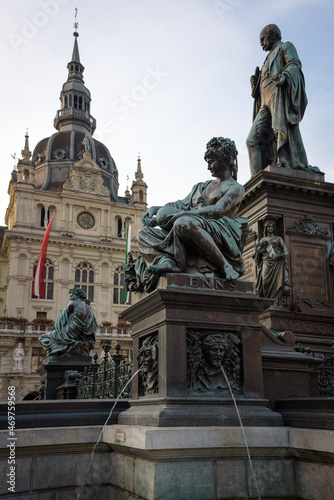 Main square of Graz with the Fountain of Archduke Erzherzog-Johann-Brunnen and the Renaissance-style Town Hall in the background, Styria, Austria