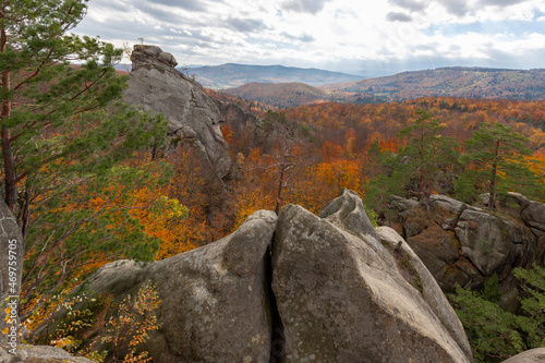 Dovbush Rocks in Bubnyshche - a legendary tourist place, the ancient cave monastery of giant natural rocks, among the mountains and scenic forests, popular with tourists and travelers in Ukraine. 