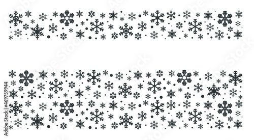 Set of borders from dark color snowflakes, isolated on white background. Rectangular winter ornament, narrow and wide. Vector illustration, flat, minimal cartoon design, isolated on white background, 
