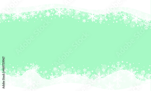 Border of white snowflakes on a blue background. Top and bottom frames on a rectangular horizontal background. Vector illustration, flat minimal cartoon design, eps 10.