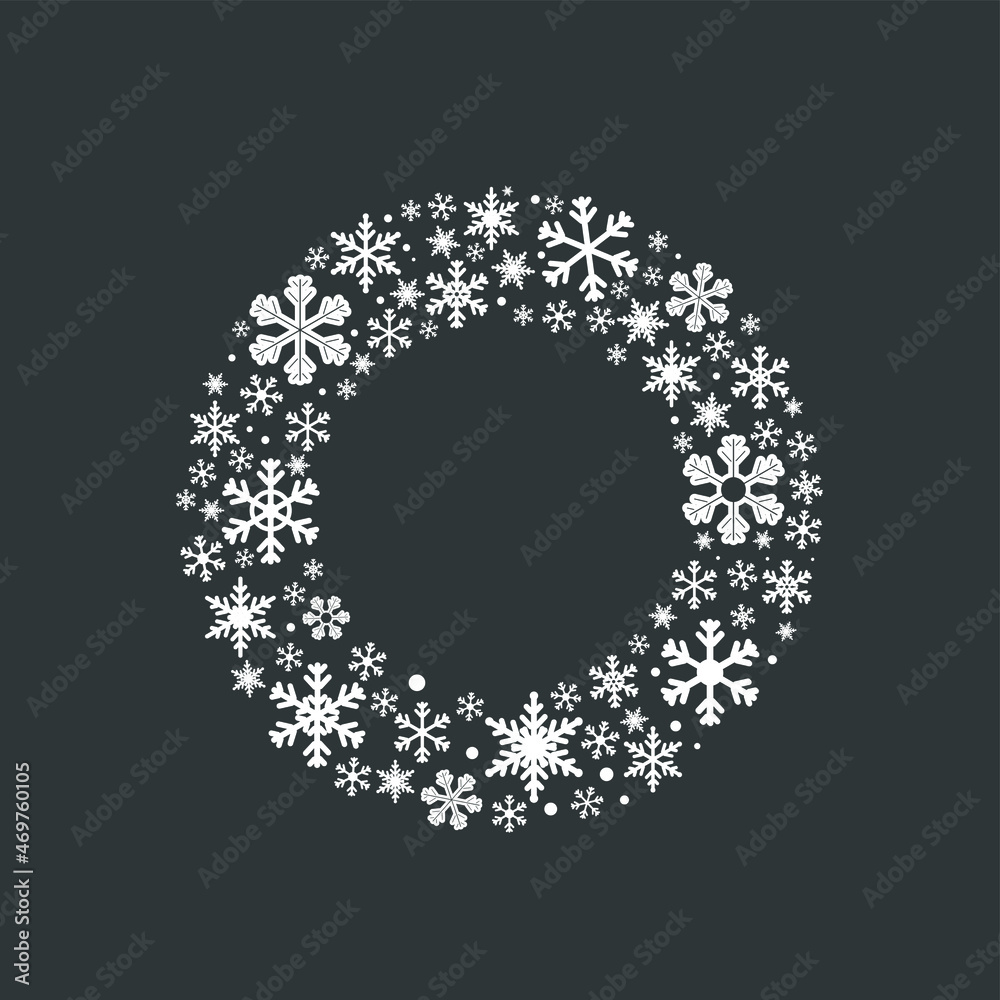 Round frame from white snowflakes, isolated on gray background. Vector illustration, flat minimal cartoon design, isolated, eps 10.