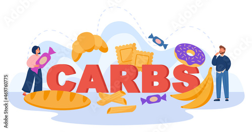 Tiny persons with word carbs and carbohydrate food. Wheat products, unhealthy snacks, fasting flat vector illustration. Nutrition, diet, health concept for banner, website design or landing web page