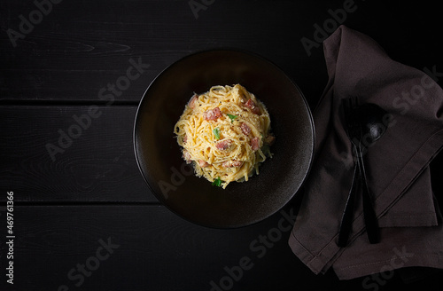Traditional Italian dish, spaghetti carbonara, homemade, no people, top view,