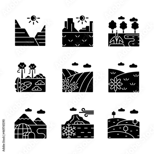Biomes and landforms black glyph icons set on white space. Land type diversity. Dry and moist climate zones. Northern and southern regions. Silhouette symbols. Vector isolated illustration