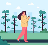 Girl listening to music, walking down street or in city park. Happy young woman with headset holding phone in hands, enjoying sound flat vector illustration. Outdoor walk, youth, music concept