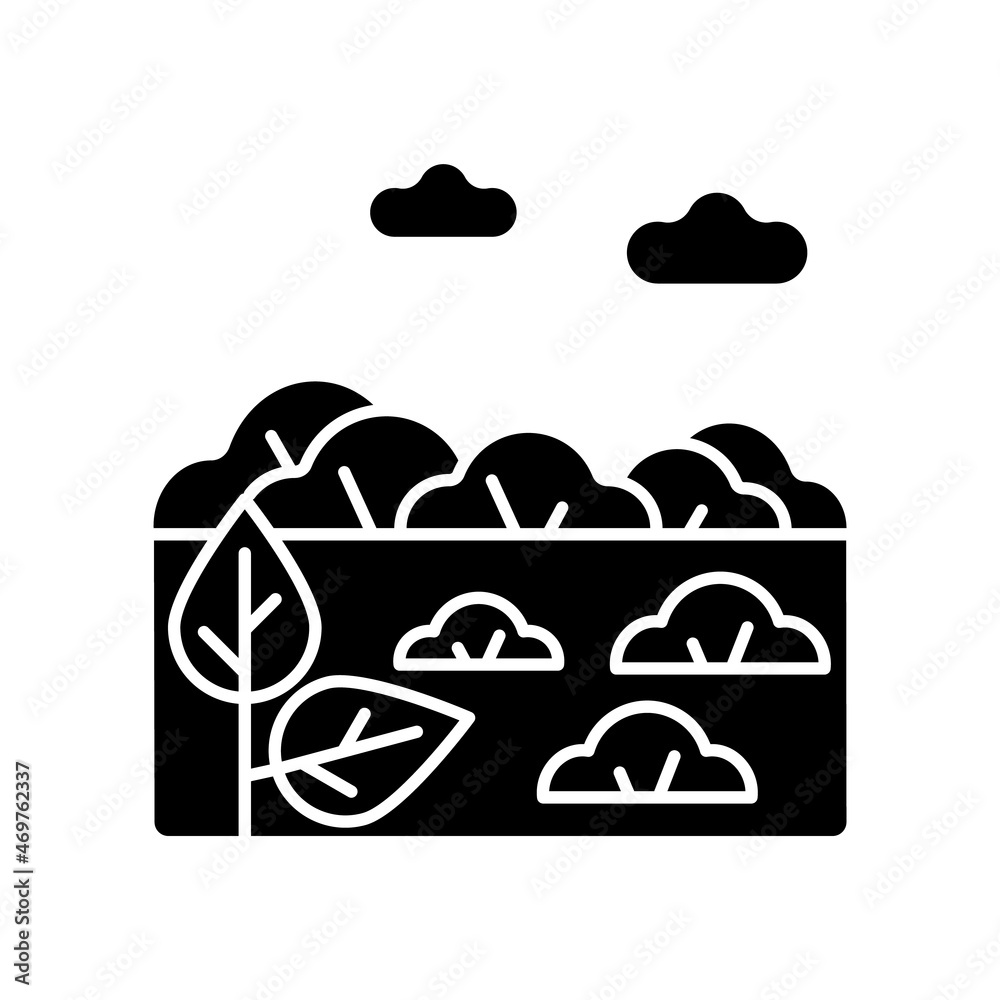 Shrubland black glyph icon. Scrubland. Bush and short tree growing area. Land type with shrub. Bushwood rocky terrain. Dry climate zone. Silhouette symbol on white space. Vector isolated illustration Shrubland black glyph icon. Scrubland. Bush and short tree growing area. Land type with shrub. Bushwood rocky terrain. Dry climate zone. Silhouette symbol on white space. Vector isolated illustration