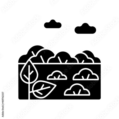 Shrubland black glyph icon. Scrubland. Bush and short tree growing area. Land type with shrub. Bushwood rocky terrain. Dry climate zone. Silhouette symbol on white space. Vector isolated illustration