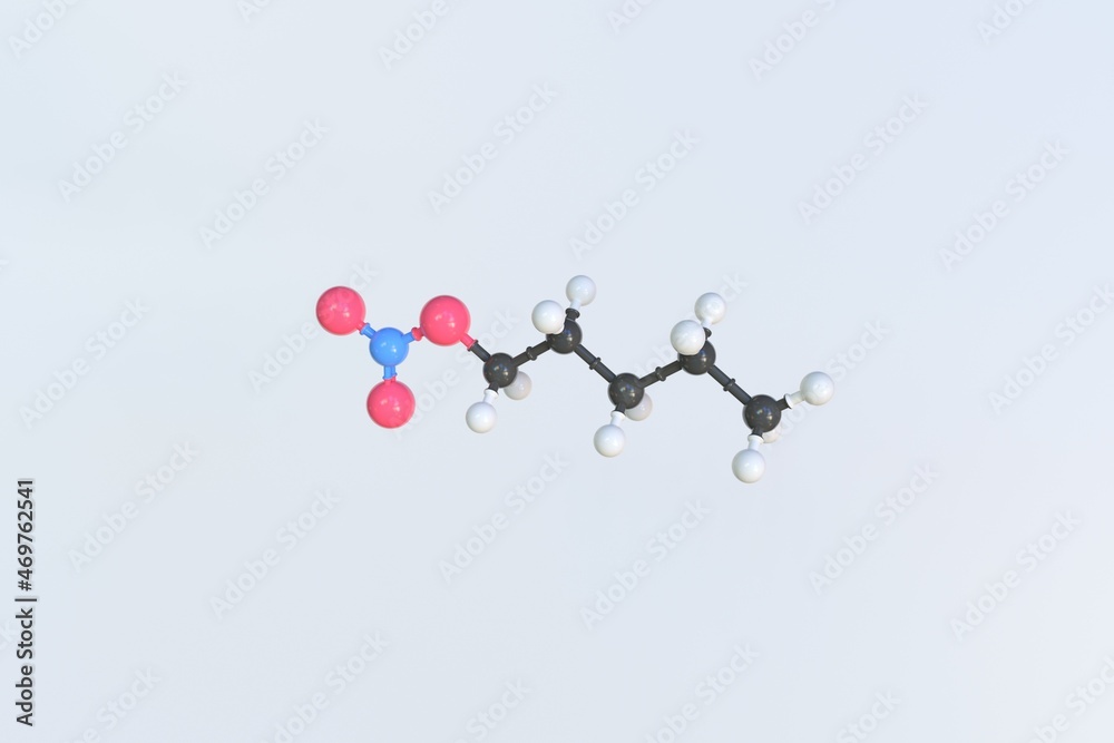 Amyl nitrate molecule, isolated molecular model. 3D rendering Amyl nitrate molecule, isolated molecular model. 3D rendering