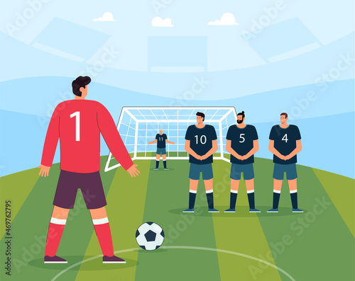 Penalty kick of soccer player on field of stadium. Male goalkeeper and team of defenders defending gate from pitch and ball hit flat vector illustration. Penalty shot, football match, league concept