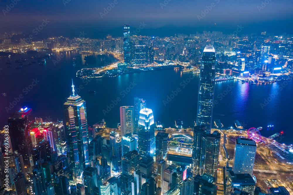 Obraz premium Aerial drone shot a Hong Kong Corporate Buildings streets.