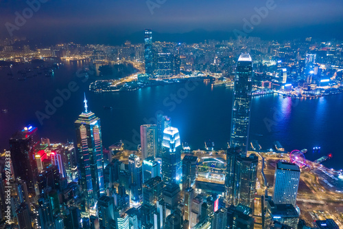 Aerial drone shot a Hong Kong Corporate Buildings streets.