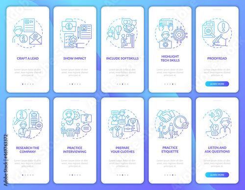Job hunting gradient blue onboarding mobile app page screen set. Cv and interview walkthrough 5 steps graphic instructions with concepts. UI, UX, GUI vector template with linear color illustrations