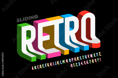 Sliding down retro style 3d font, colorful alphabet letters and numbers vector illustration