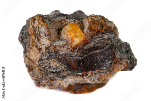 Macro of the mineral stone Columbite, Beryl, Feldspar on a white background