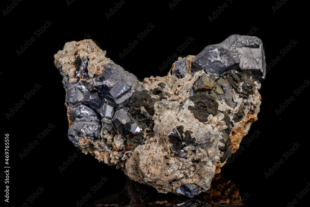 Macro stone mineral Galena on a black background Macro stone mineral Galena on a black background
